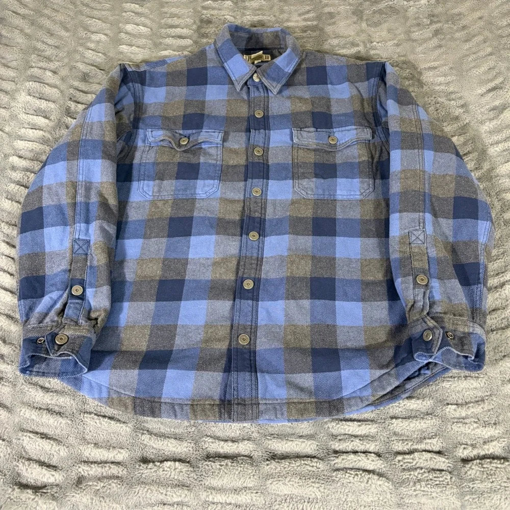 Duluth Trading Co Mens Large Fleece Lined Flannel Shirt Jacket Blue Plaid Cotton